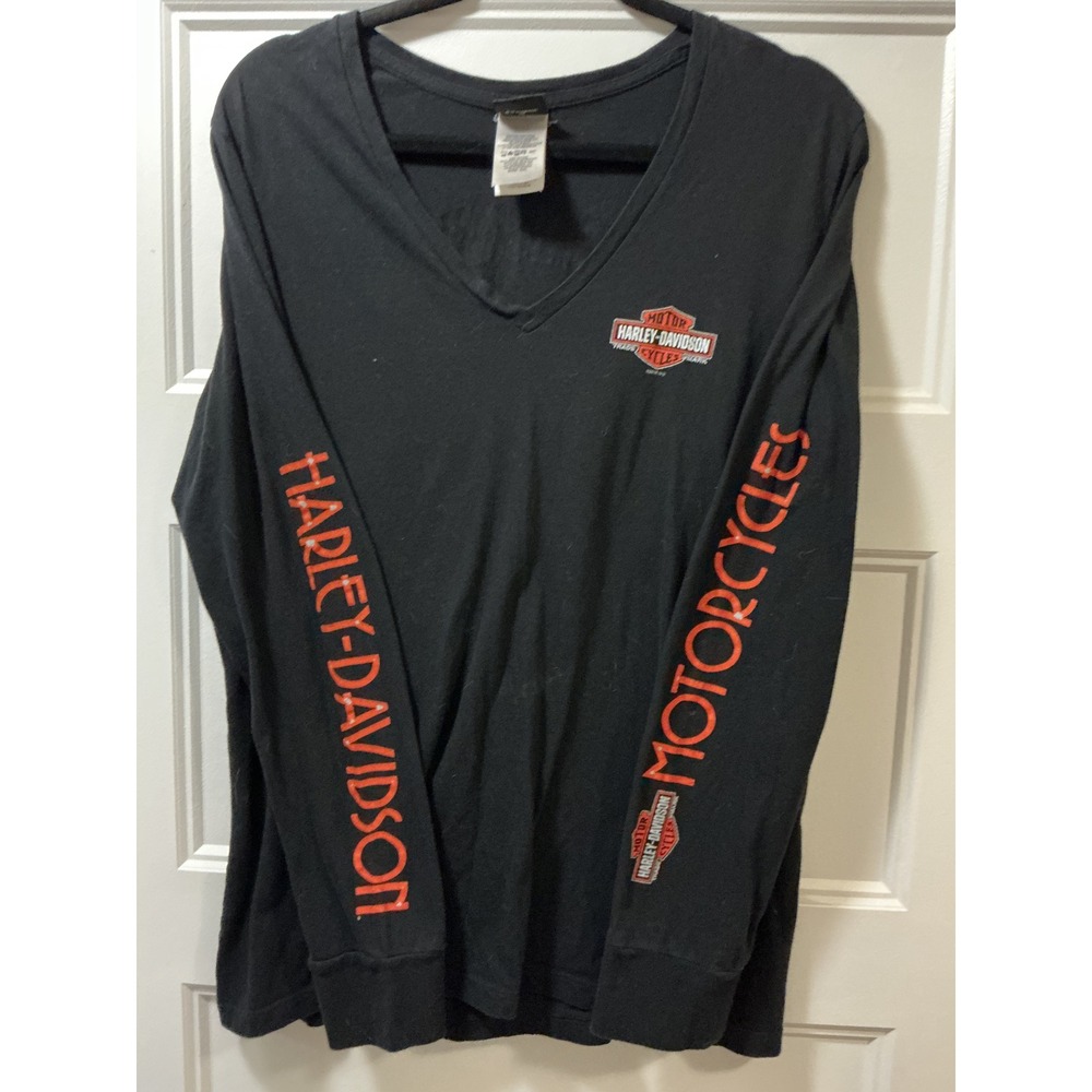 Harley Davidson Laconia New Hampshire V-Neck Long Sleeve Shirt Black Orange XXL